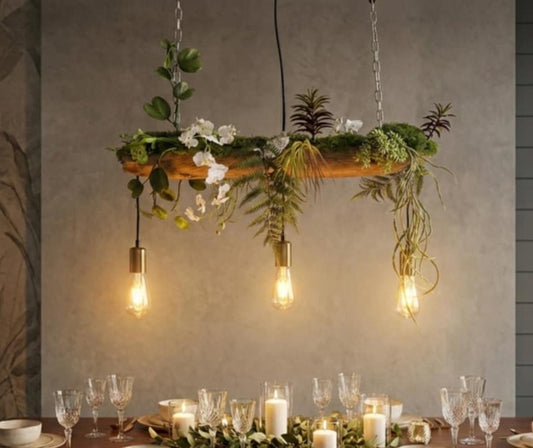 Suspension florale lumineuse en bois - Lustre végétal avec LED
